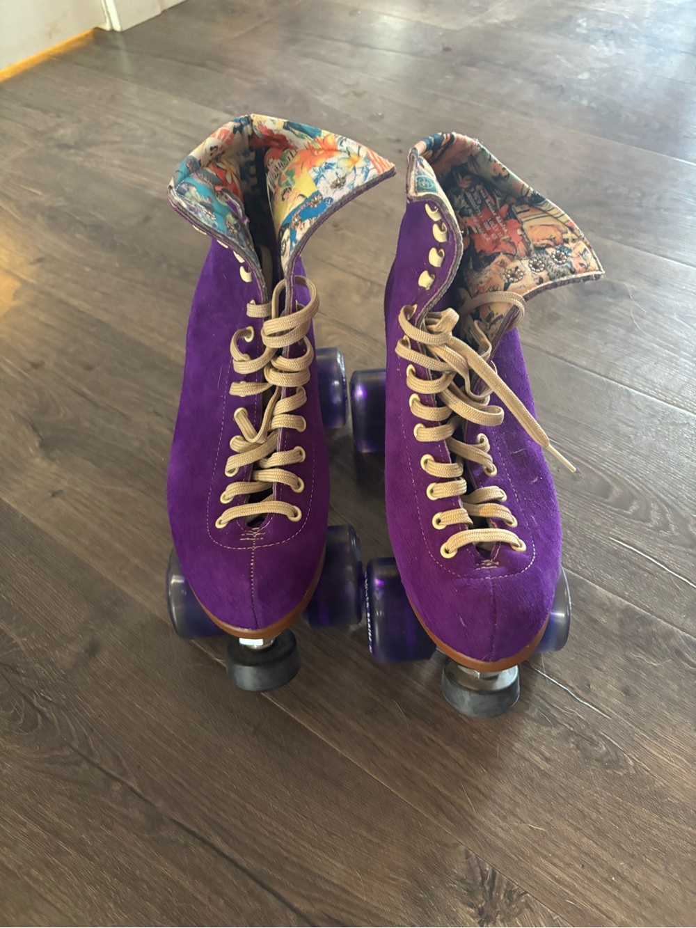 Moxi Lolly Skates. Purple Suede Roller Skates with Printed Ankle Liner